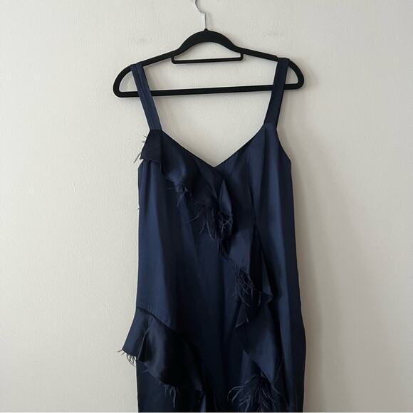 Cinq a Sept Gigi Navy Ruffle Feather Silk Satin Midi Dress - Picture 4 of 10